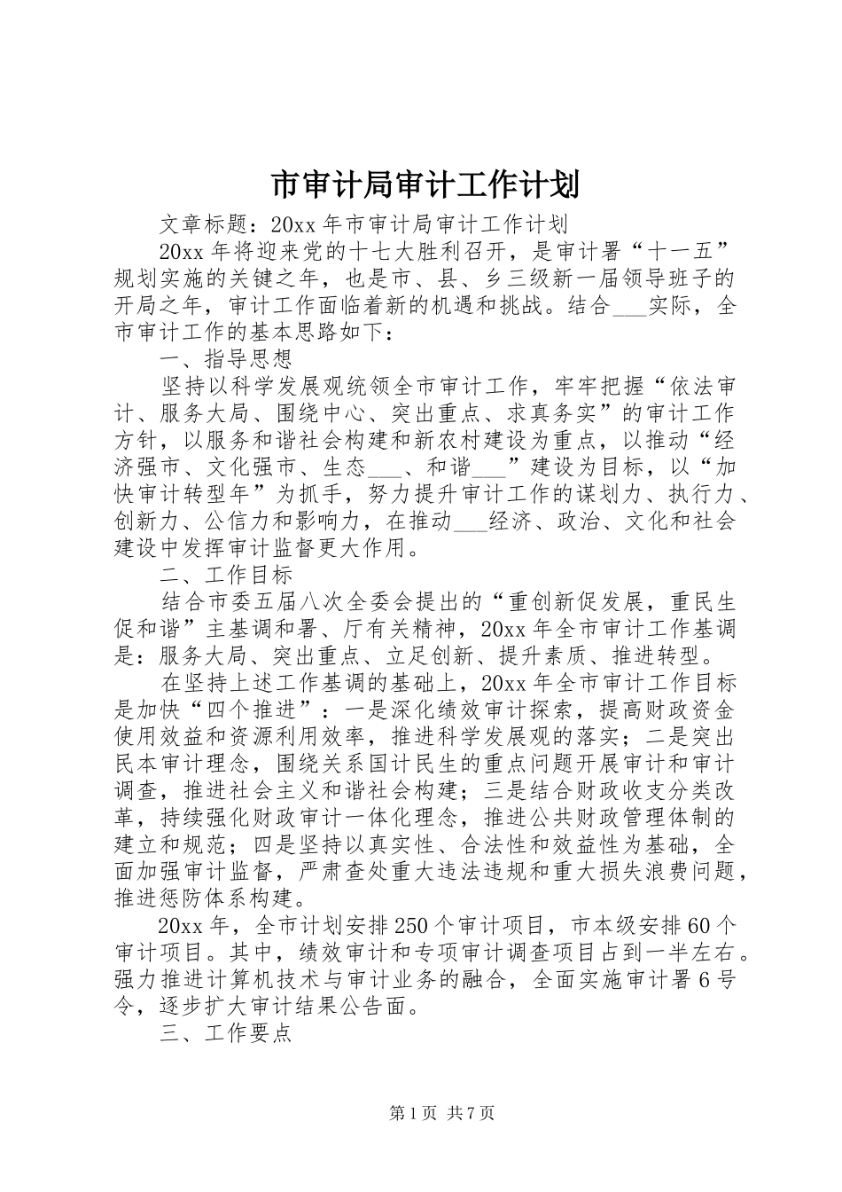 市审计局审计工作计划_第1页
