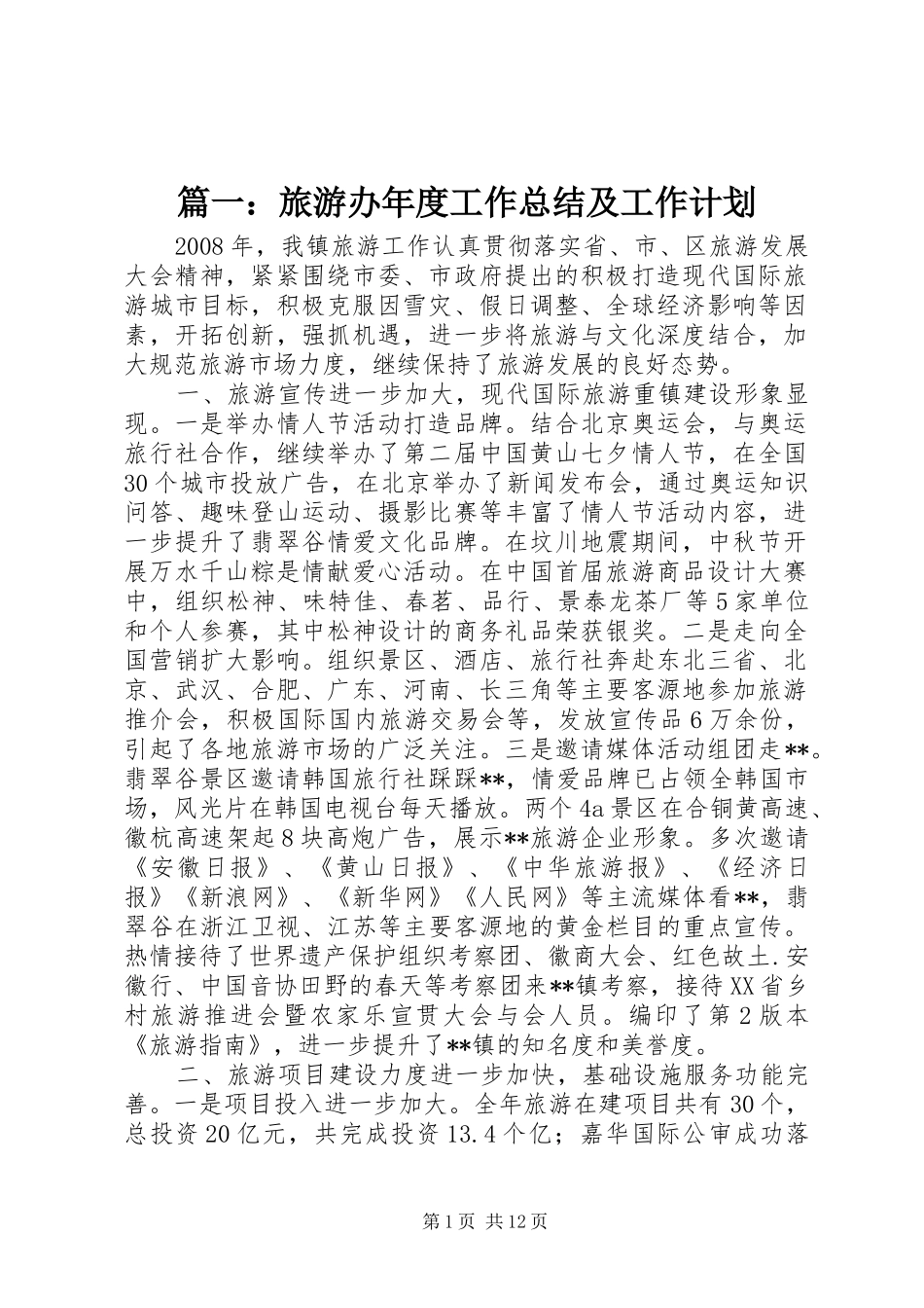 篇一：旅游办年度工作总结及工作计划_第1页