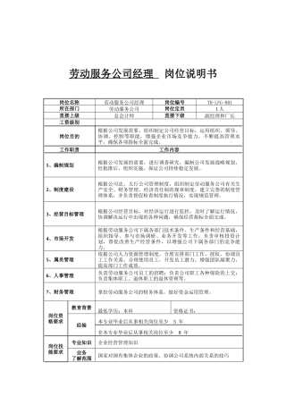 劳动服务公司经理岗位说明书
