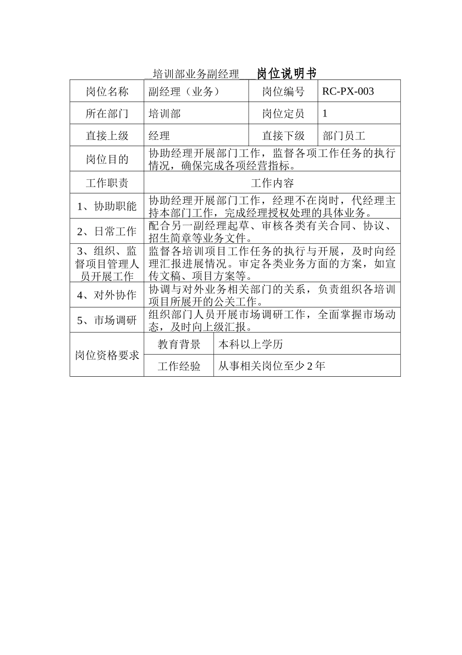 培训部业务副经理岗位说明书_第1页