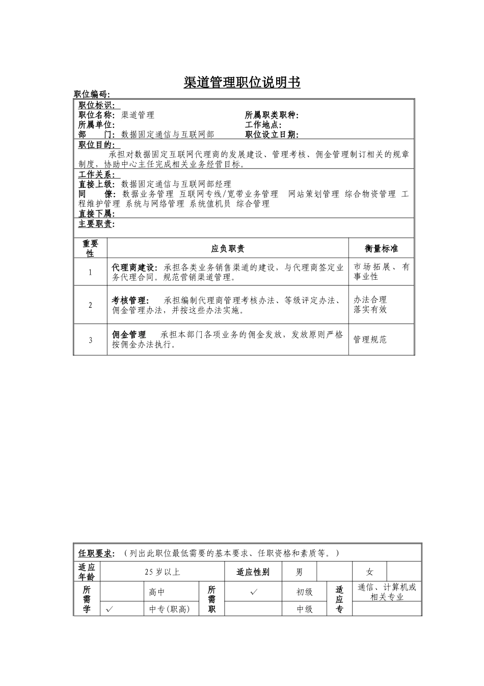 渠道管理岗位说明书_第1页