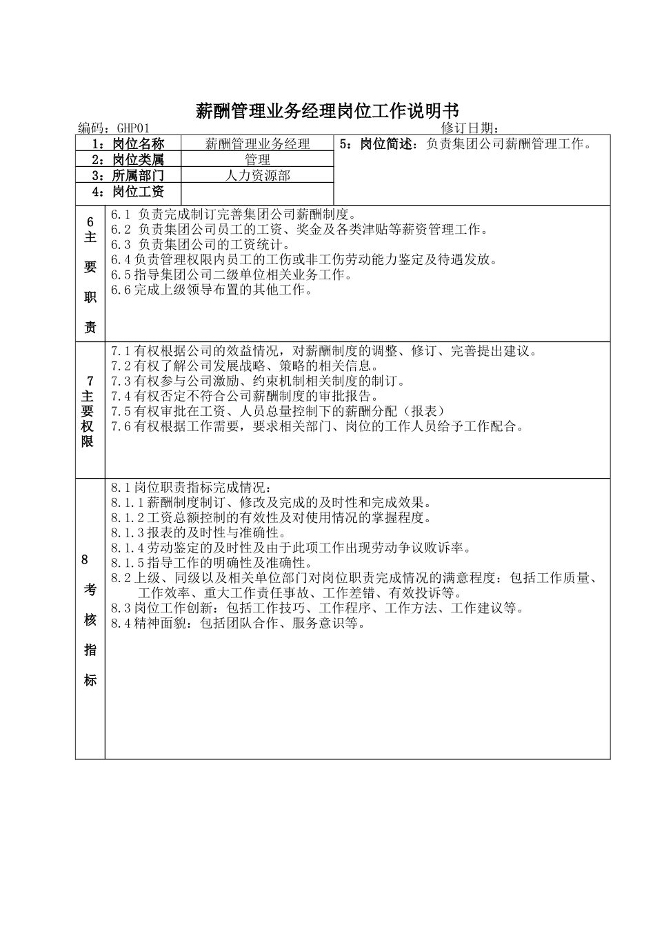 薪酬管理业务经理岗位说明书_第1页