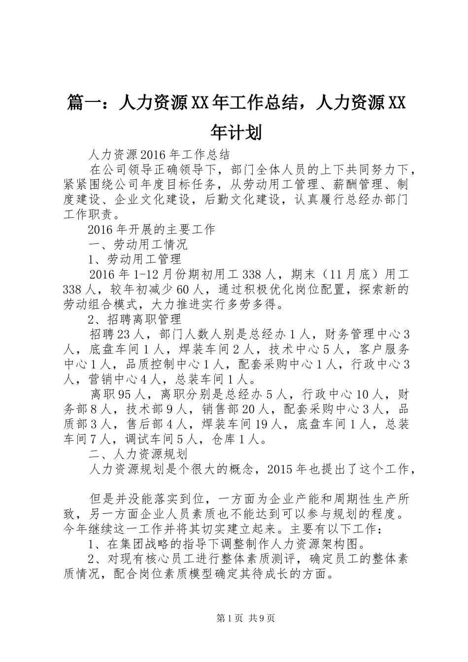 篇一：人力资源XX年工作总结，人力资源XX年计划_第1页