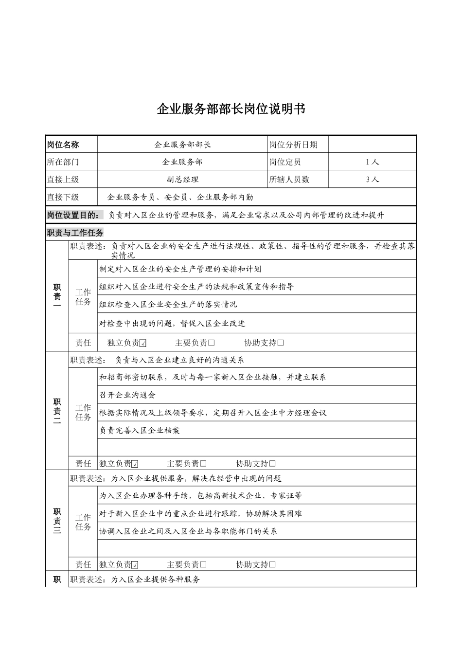 企业服务部部长岗位说明书_第1页