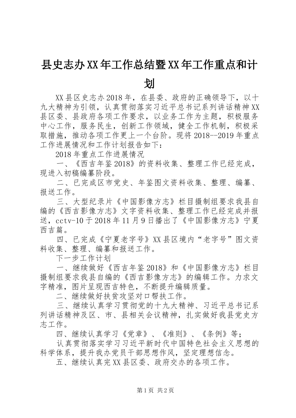 县史志办XX年工作总结暨XX年工作重点和计划_第1页