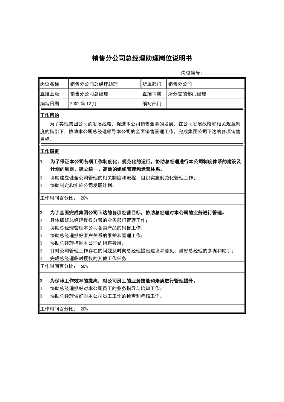 销售分公司总经理助理岗位说明书_第1页