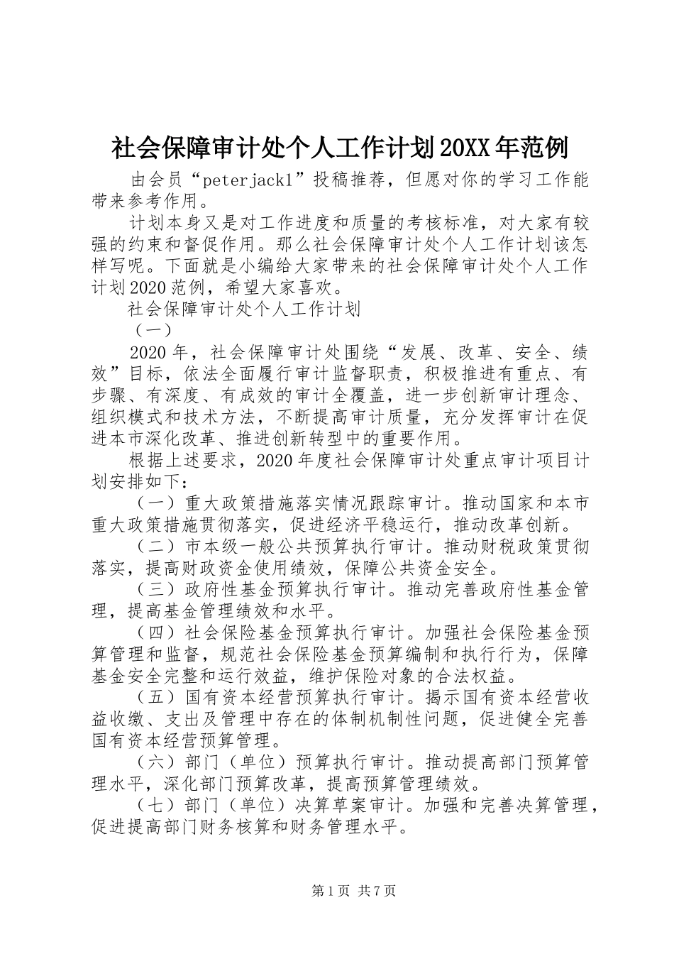社会保障审计处个人工作计划20XX年范例_第1页