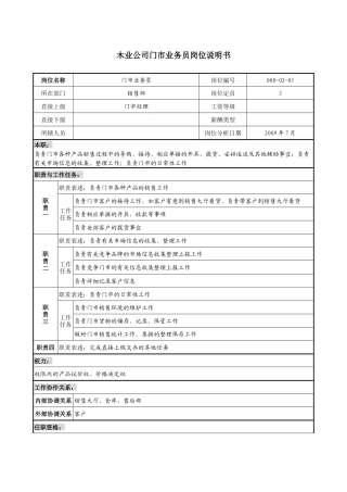 销售行业-木业公司门市业务员岗位职责说明书