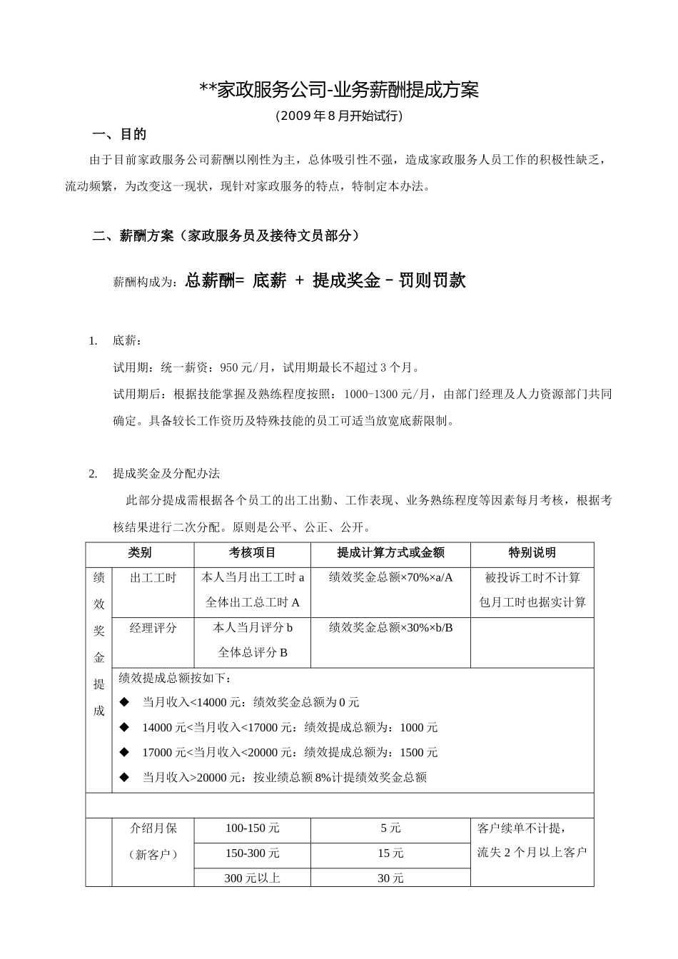 家政服务人员薪酬提成方案_第1页