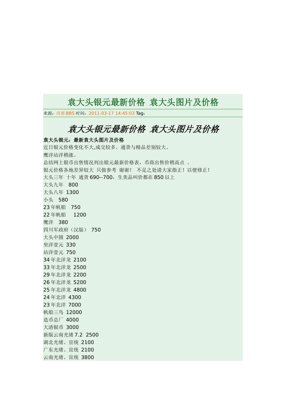 试论袁大头银元的最新价格_第1页