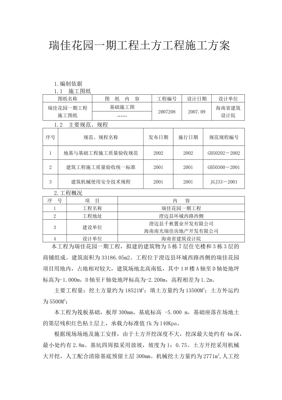 瑞佳花园一期工程土方工程施工方案_第1页