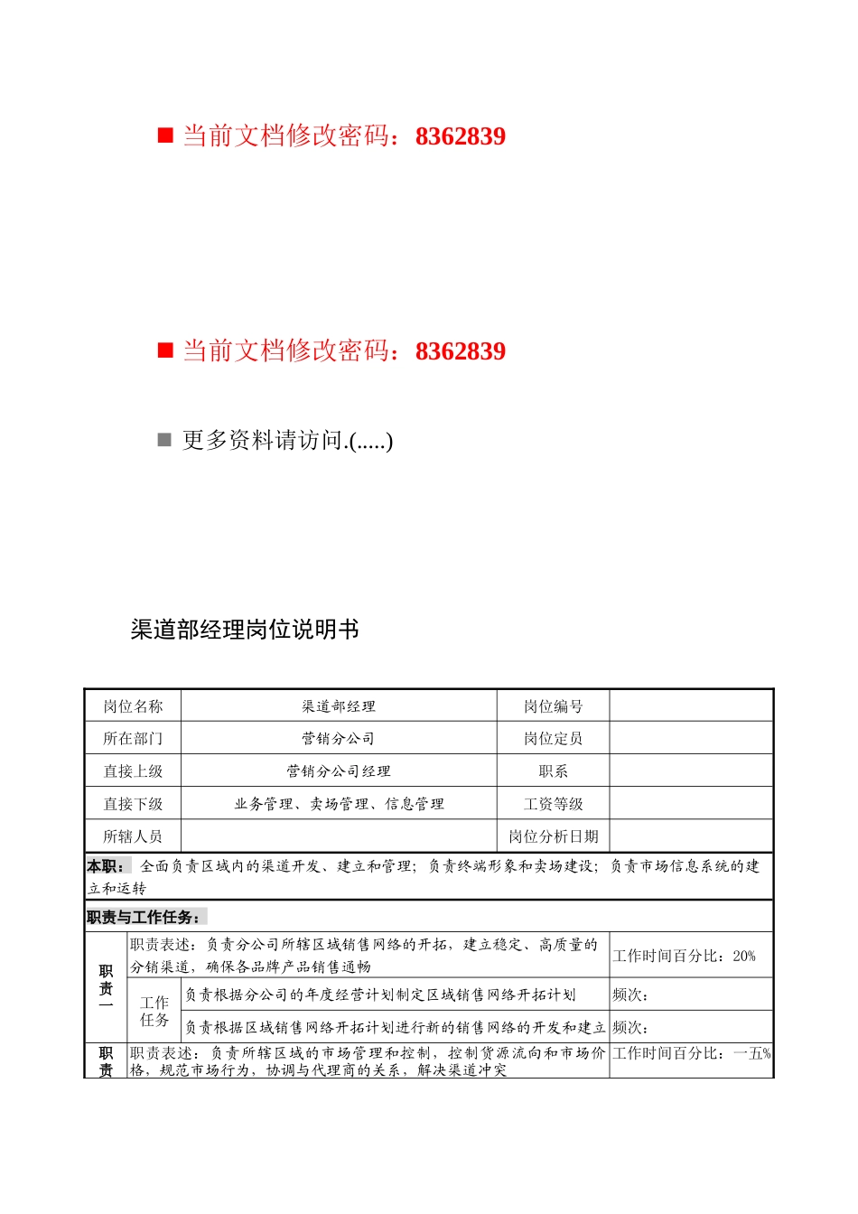 渠道部经理职务说明书_第1页