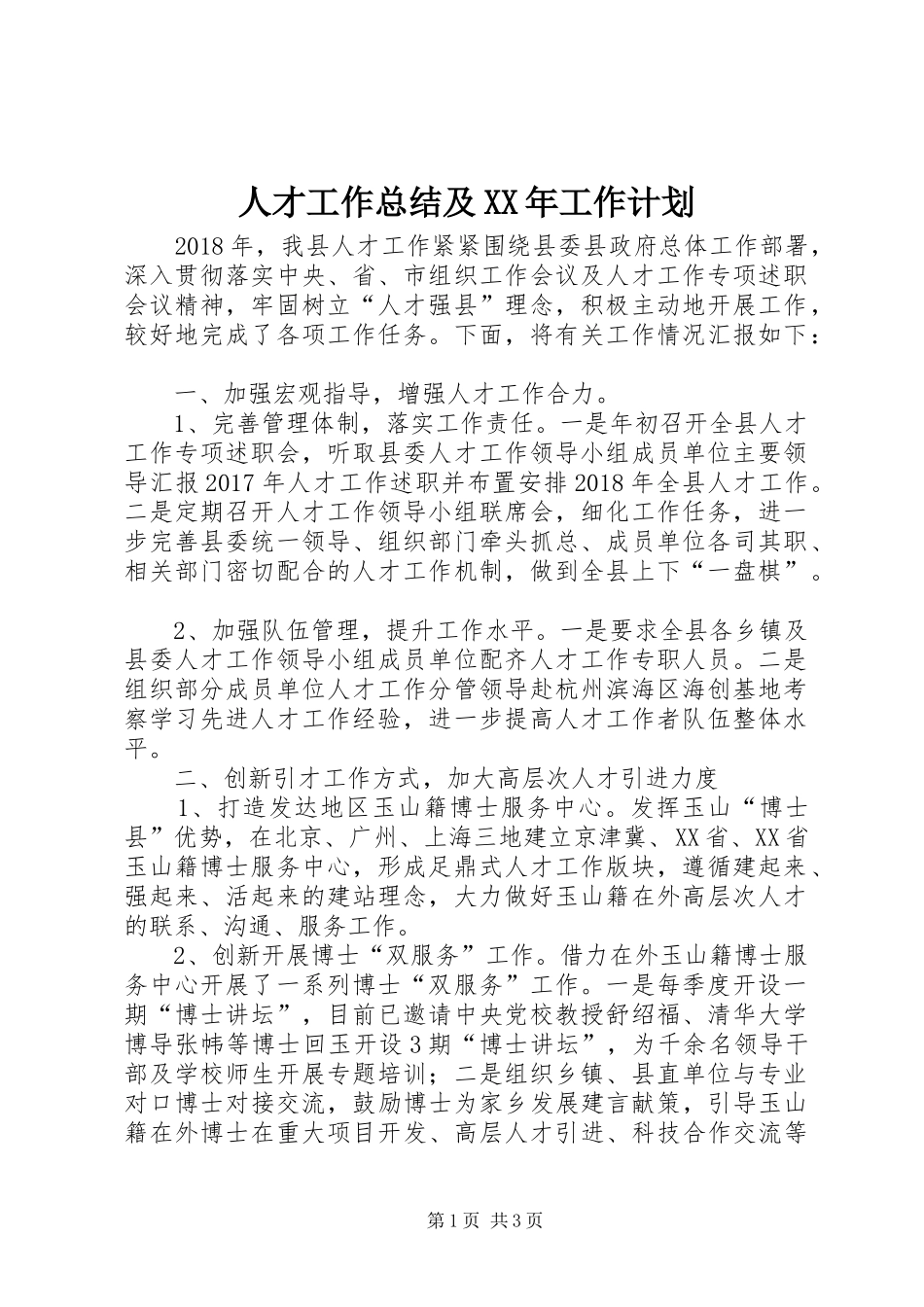 人才工作总结及XX年工作计划_第1页