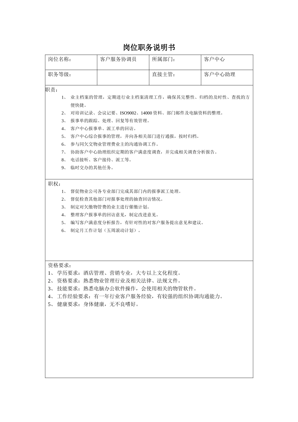 客户中心人员岗位职务说明书_第2页