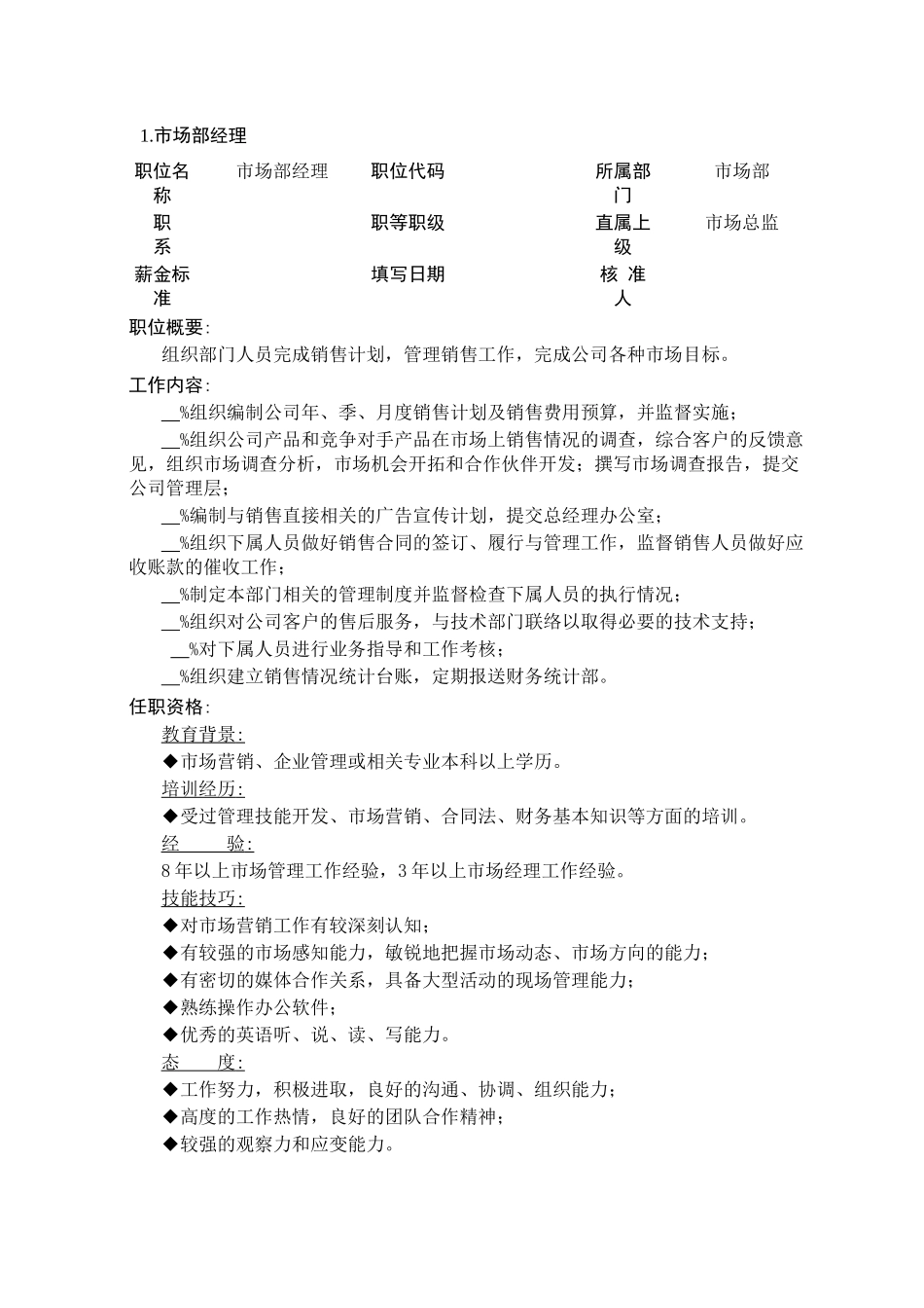 企业市场营销部门职位职责分析_第1页