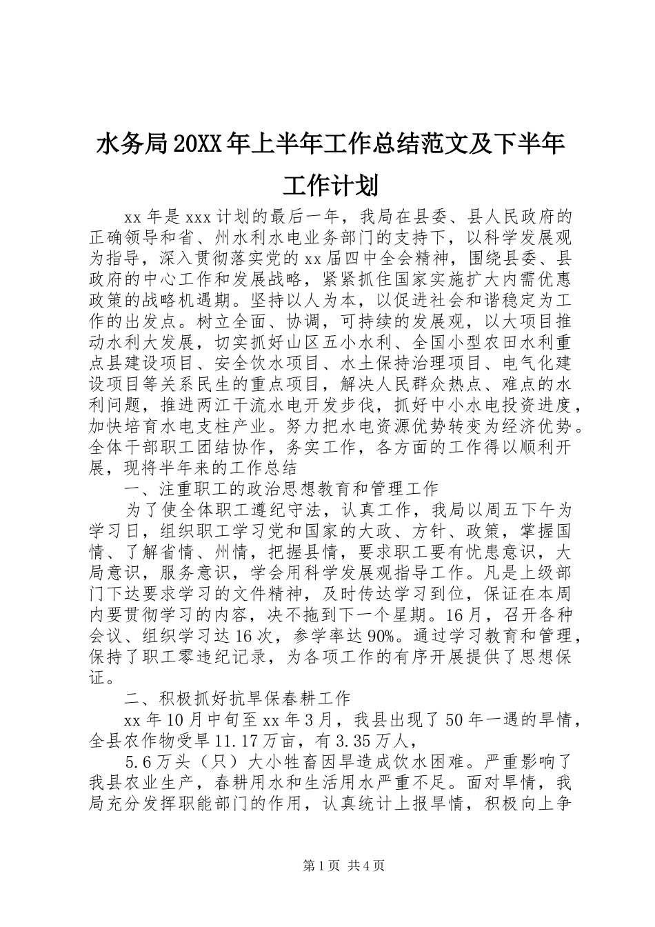 水务局20XX年上半年工作总结范文及下半年工作计划_第1页