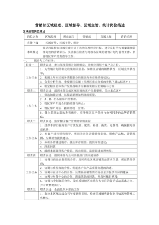 营销部区域经理、区域督导、区域主管、统计岗位职责