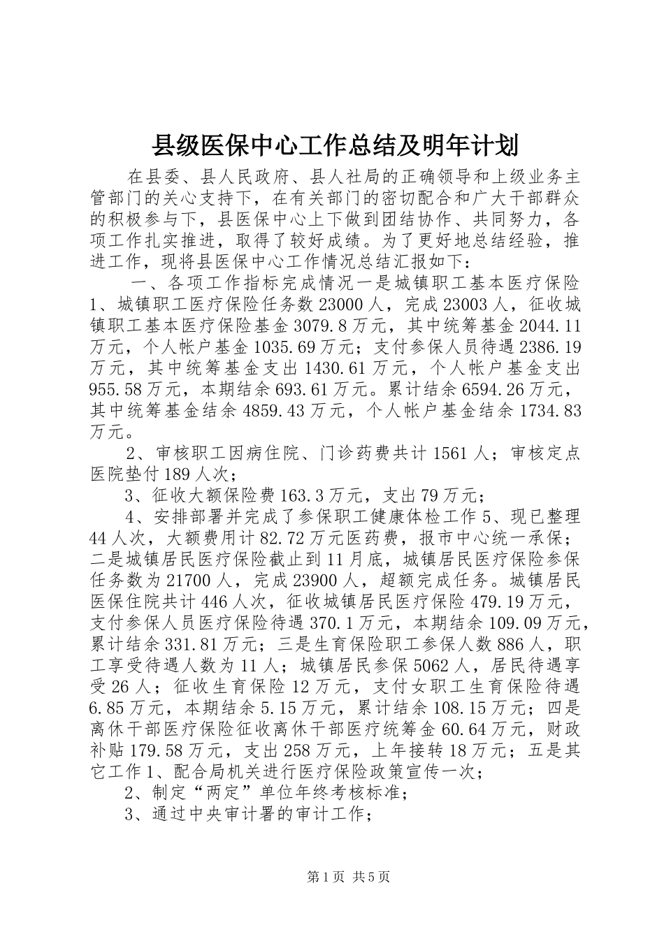 县级医保中心工作总结及明年计划_第1页