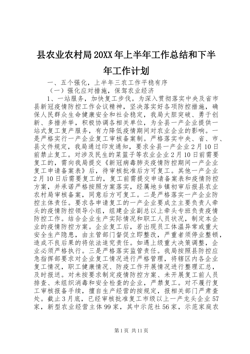 县农业农村局20XX年上半年工作总结和下半年工作计划_第1页
