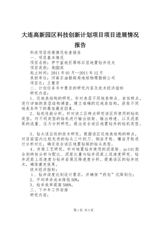 大连高新园区科技创新计划项目项目进展情况报告