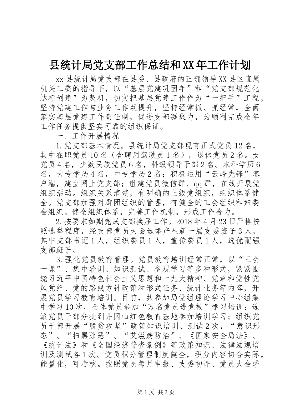 县统计局党支部工作总结和XX年工作计划_第1页