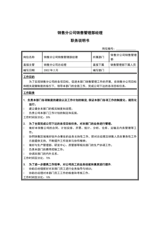销售分公司销售管理部经理岗位说明书