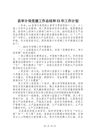 县审计局党建工作总结和XX年工作计划