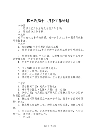 区水利局十二月份工作计划