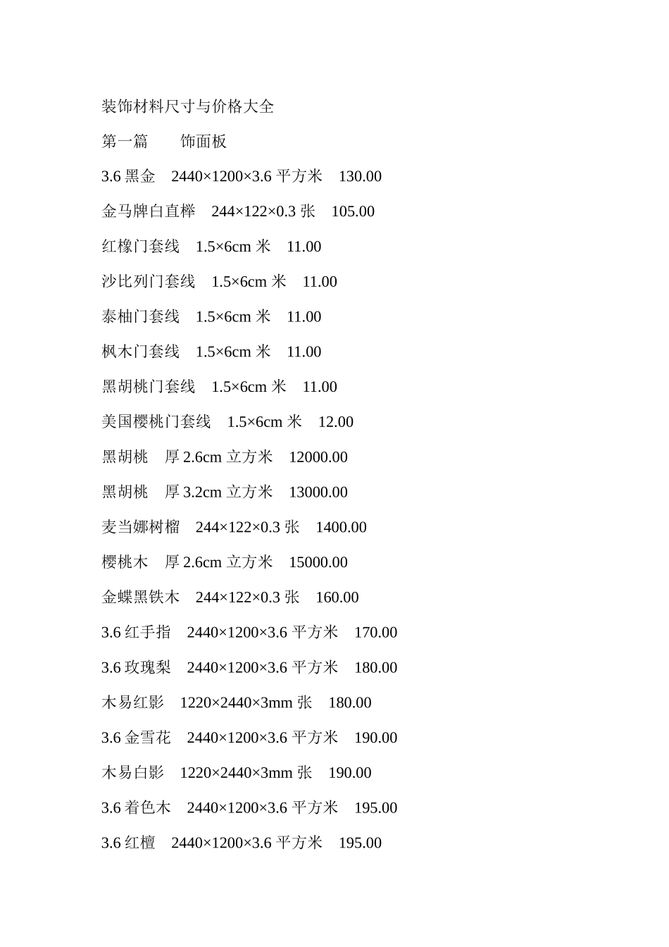 装饰材料尺寸与价格大全(RingToMe小Z)_第1页