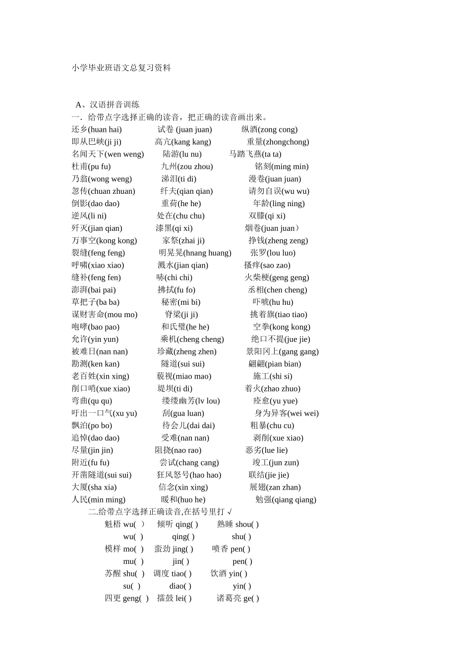 小学毕业班语文总复习资料_第1页