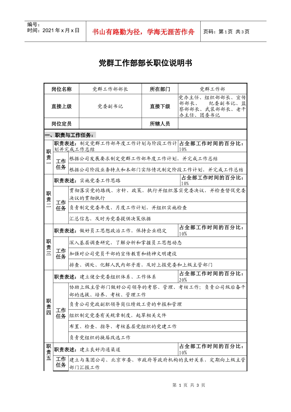 仪器生产企业党群工作部部长职位说明书_第1页
