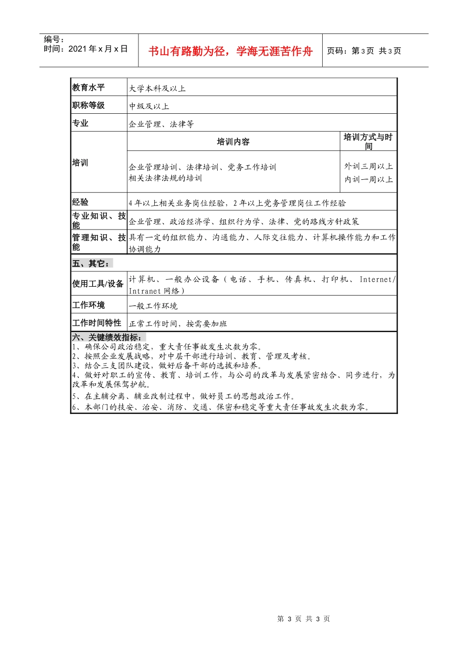 仪器生产企业党群工作部部长职位说明书_第3页