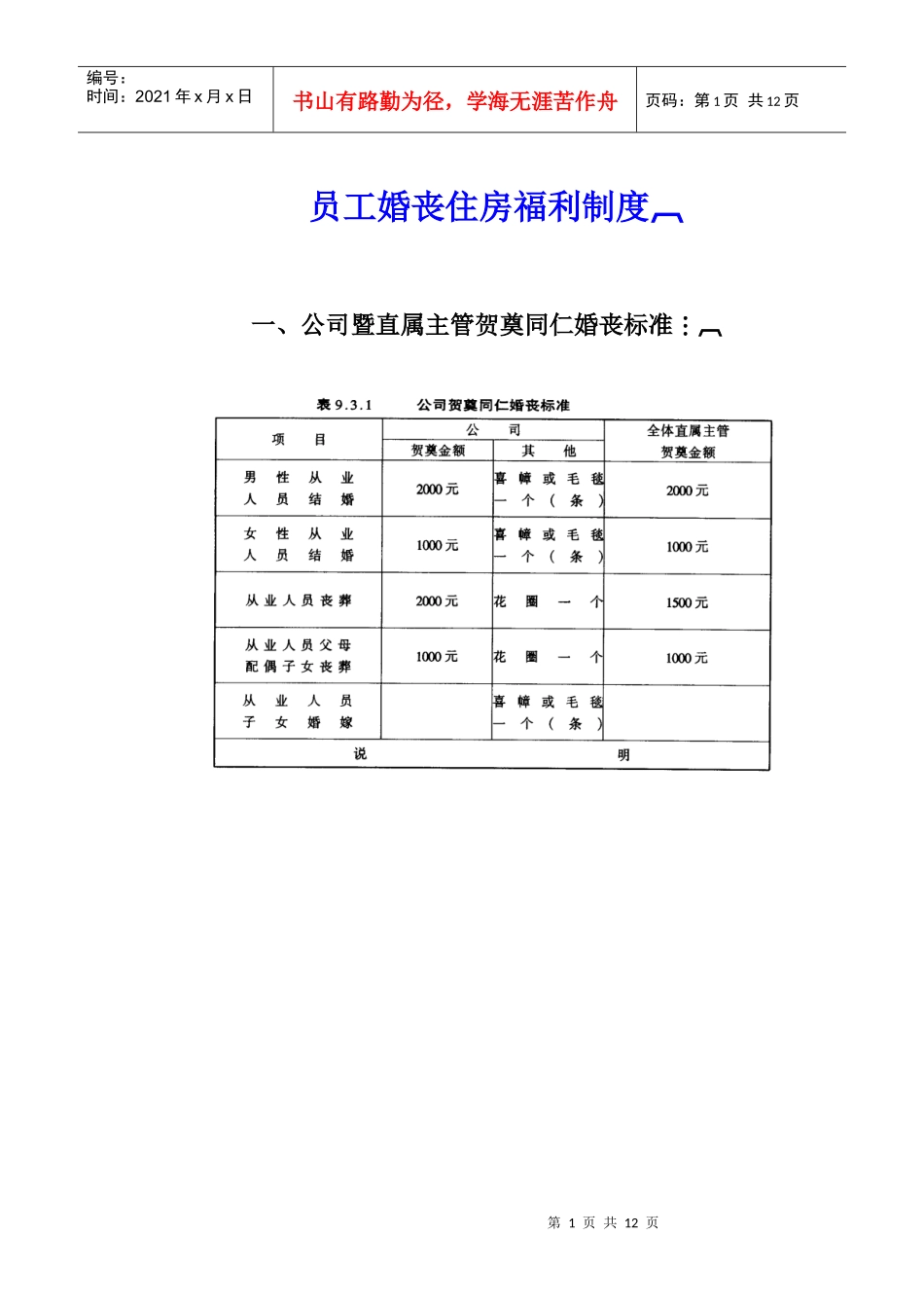 公司员工婚丧住房福利制度_第1页