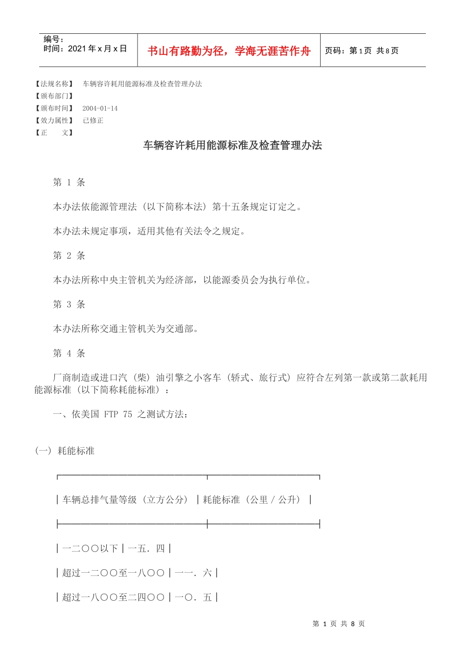 车辆容许耗用能源标准及检查管理办法_第1页