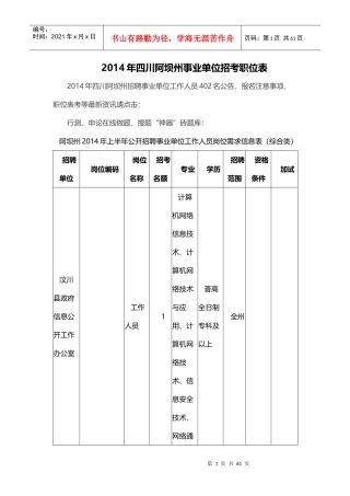 公开招聘事业单位工作人员岗位需求信息表