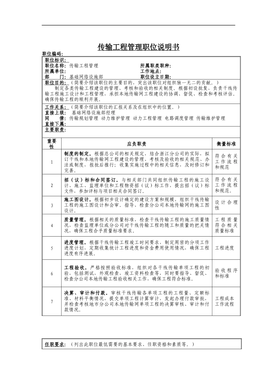 传输工程管理岗位说明书_第1页