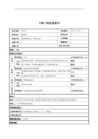 中船重工研究所条件保障处下料工岗位说明书