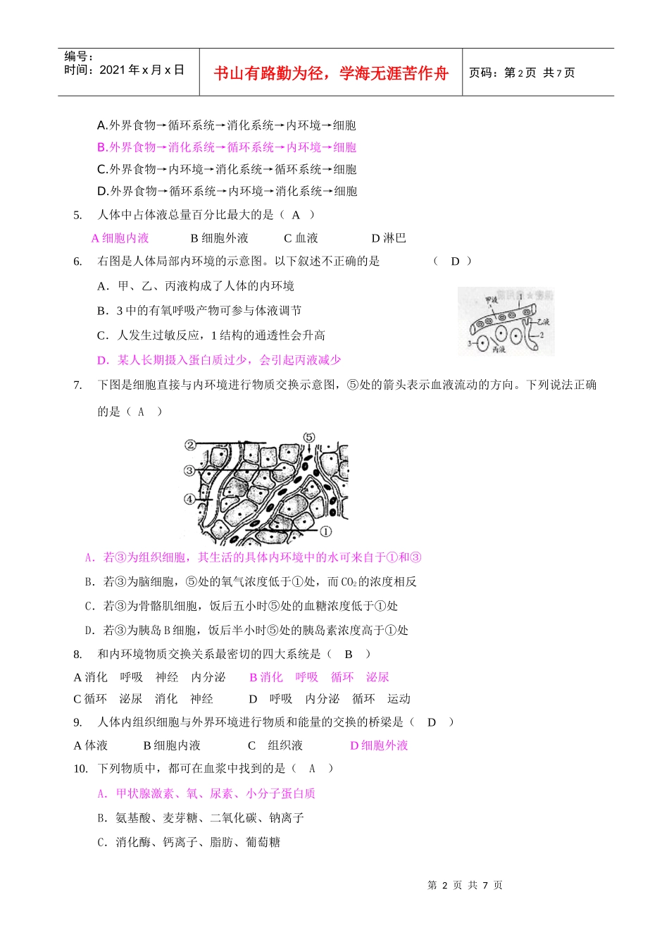 一轮精品复习学案：第1章 人体的内环境与稳态(单元复习)(必修3)_第2页