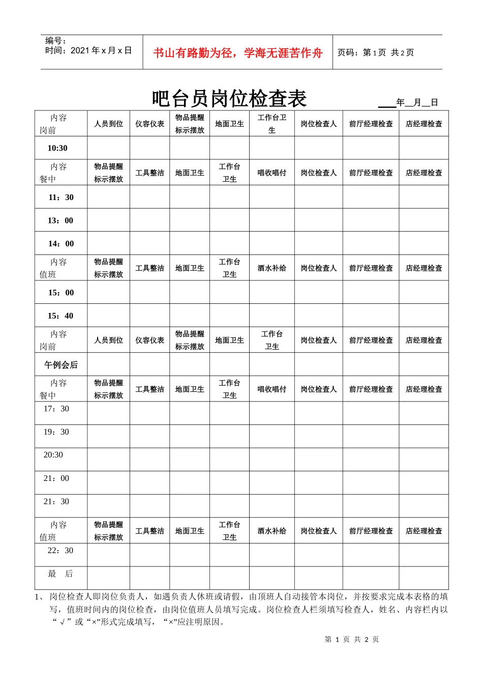 吧台员岗位检查表_第1页
