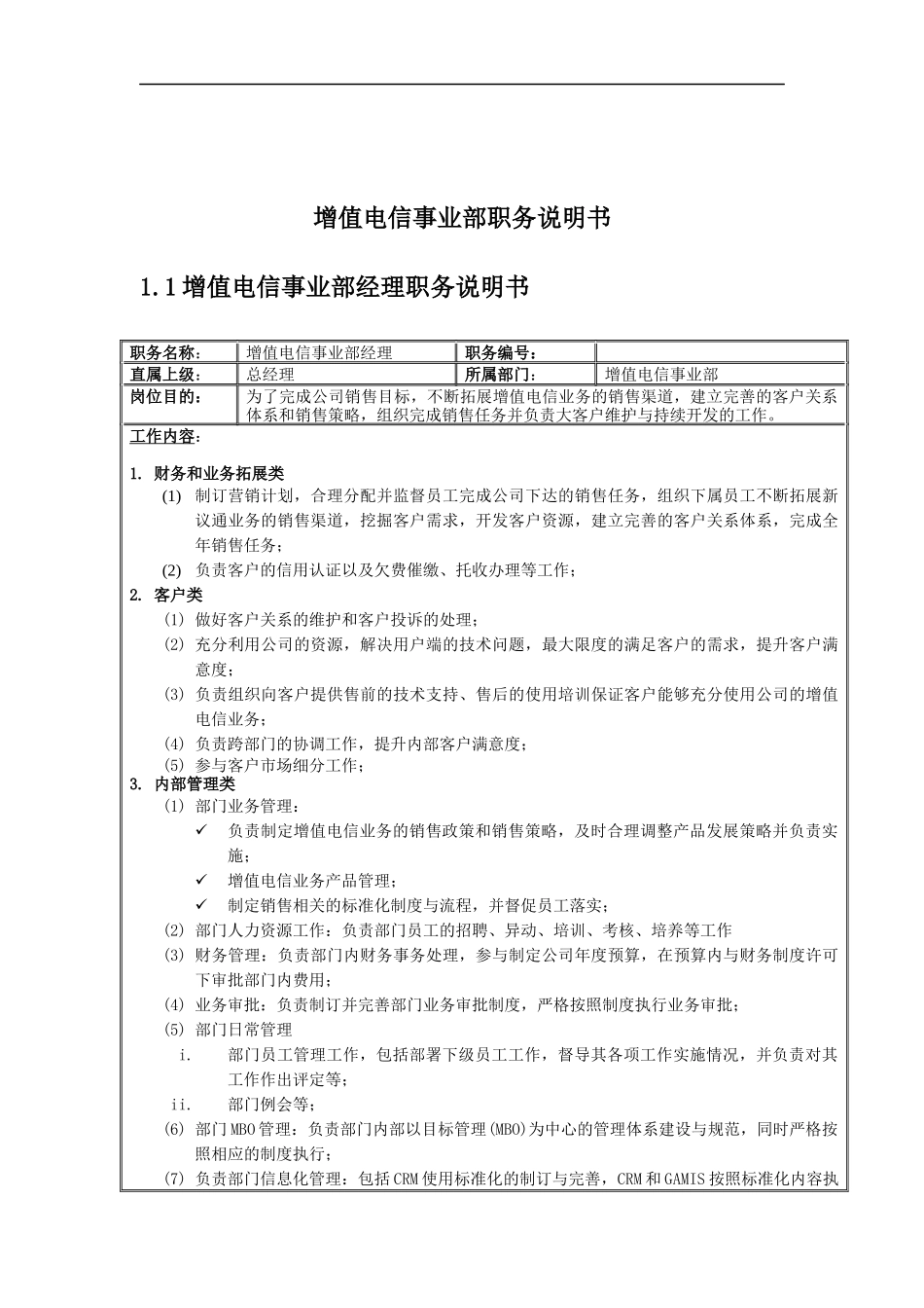 增值电信事业部岗位说明书_第1页