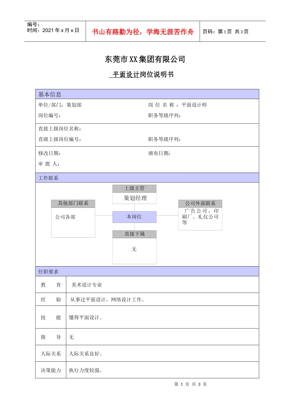 XX商场平面设计师的职位说明书_第1页