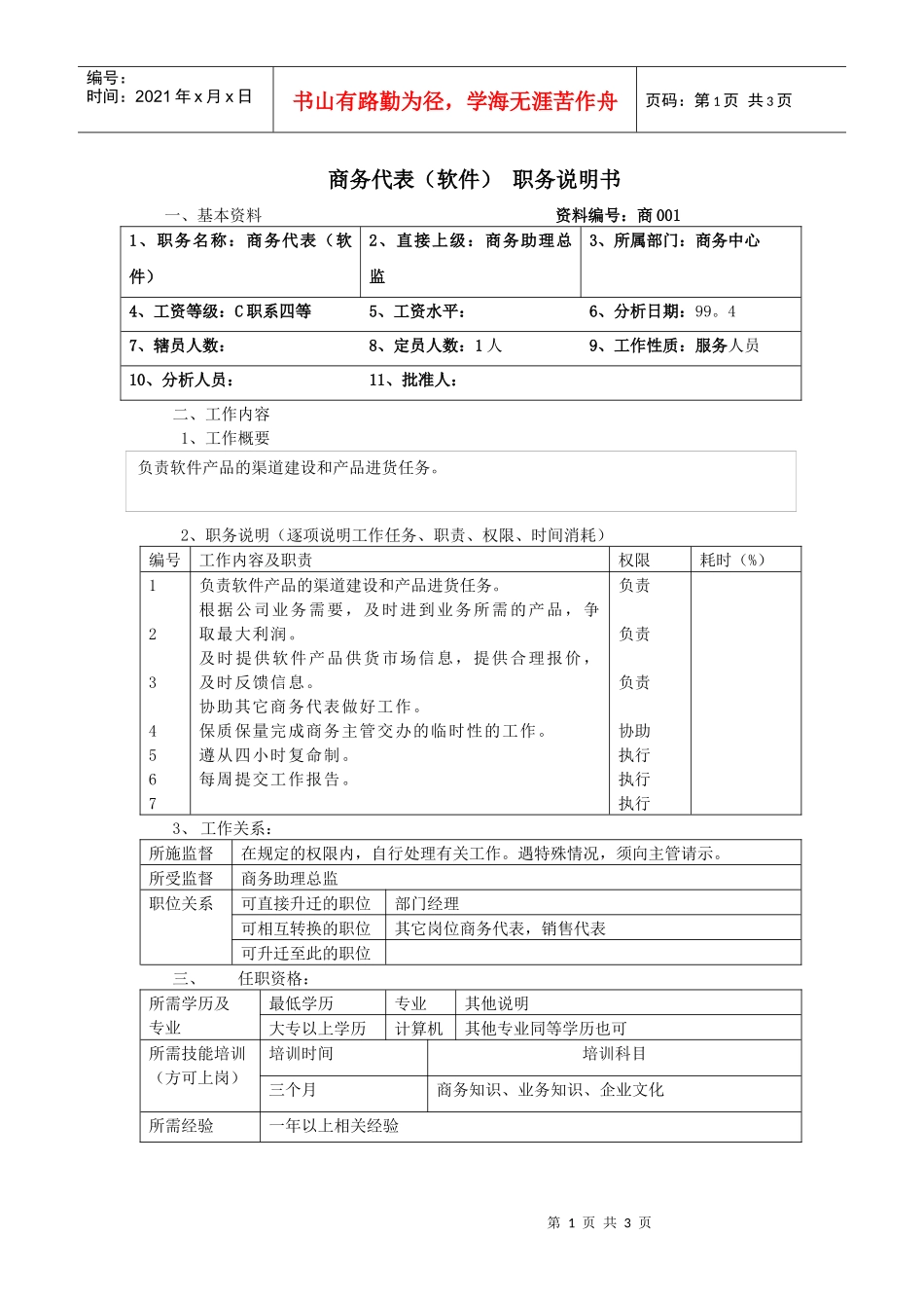 商务代表（软件）职务说明书_第1页