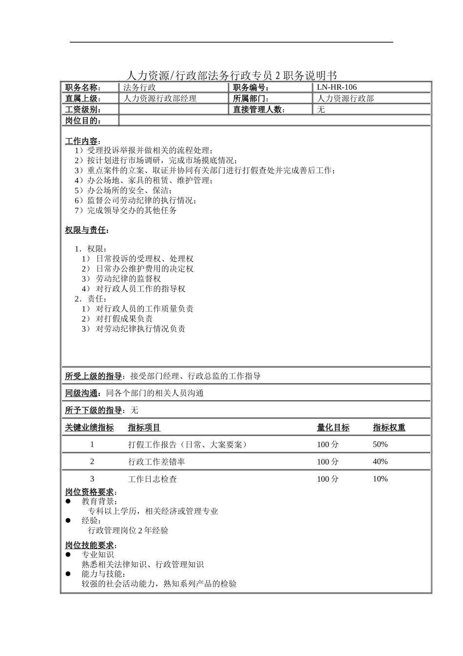 人力资源&行政部法务行政专员2职务说明书_第1页