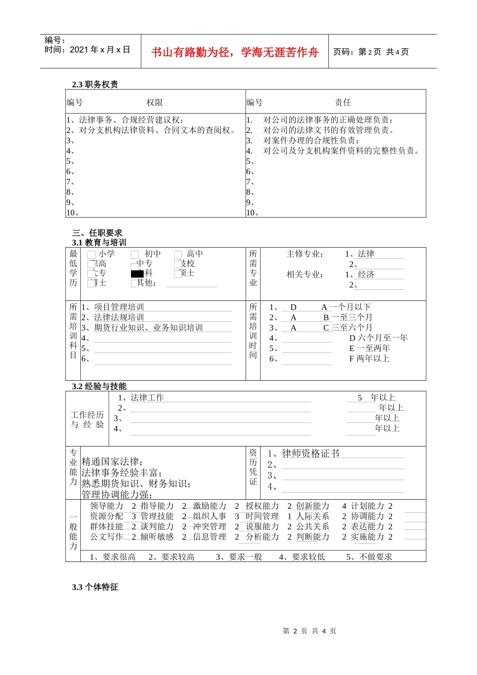 人力资源与行政部法务专员职务说明书_第2页