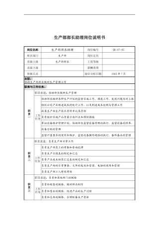乾坤木业公司生产部部长助理岗位说明书