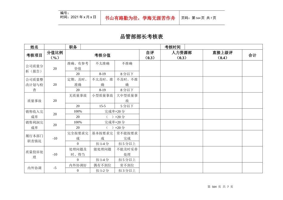 安盛—湖南亚华宾佳乐乳业公品管部考核表_第1页