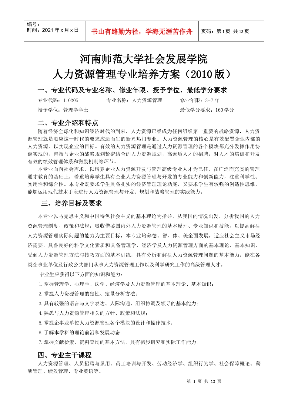 人力资源管理培养方案(XXXX1030修改)_第1页