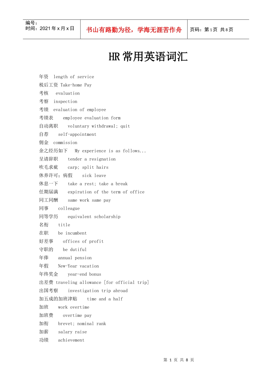 人力资源-2022HR常用英语词汇_第1页