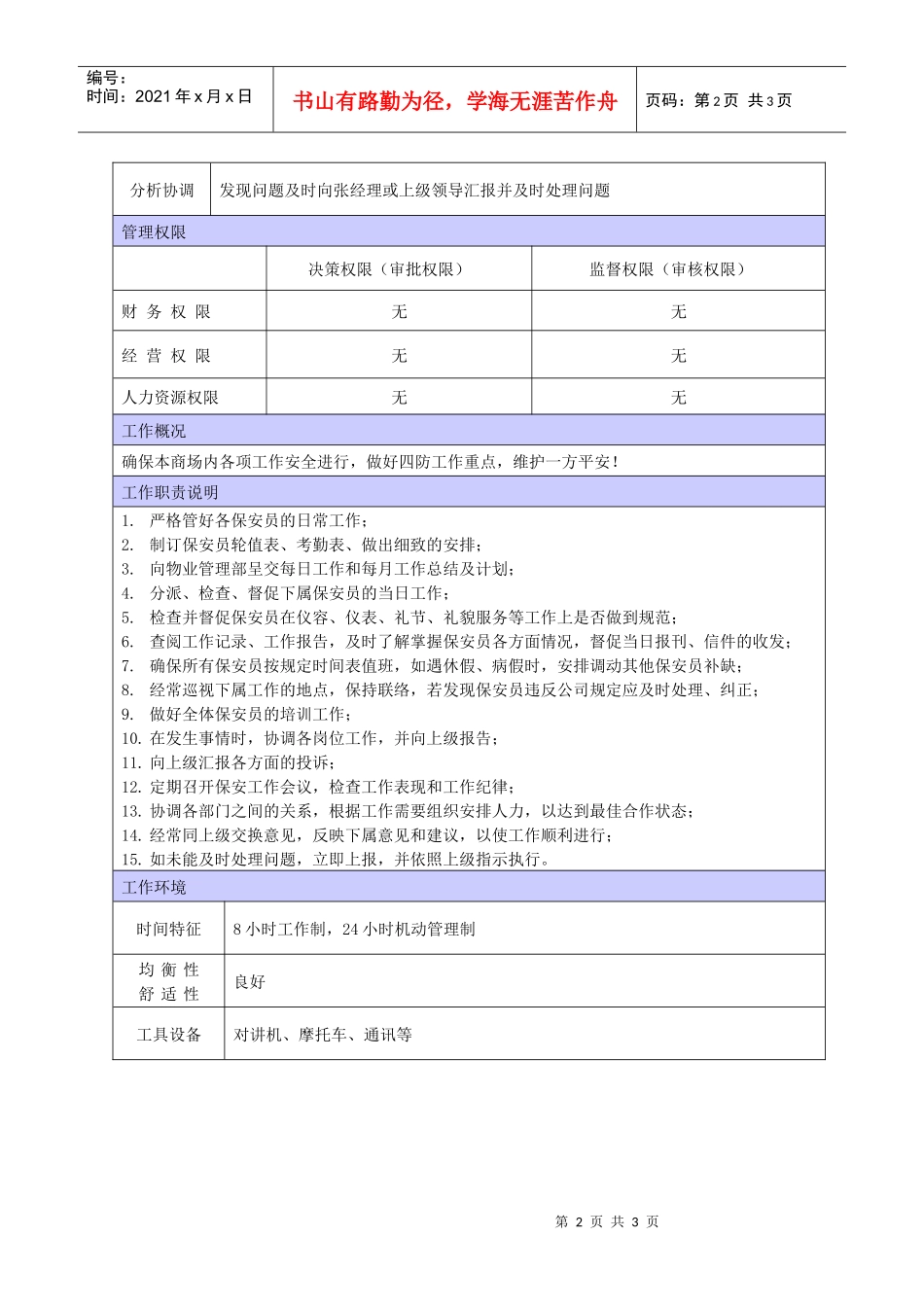 XX商场保安队长职位说明书_第2页