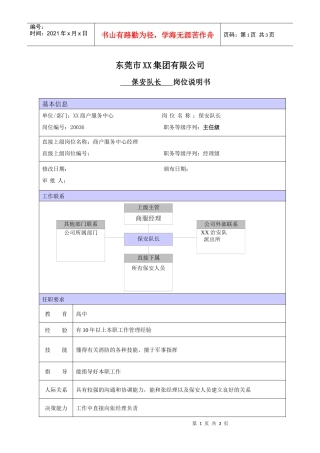 XX商场保安队长职位说明书